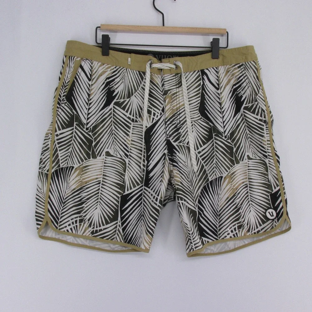 Vuori Palm Leaf Print Swim Shorts in Black, White & Olive